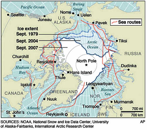 Marineforum - die schon heute  im Polarsommer befahrbaren Routen (Grafik: NOAA)